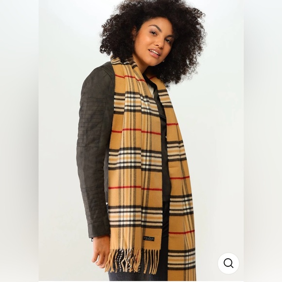 FRAAS CASHMINK Fringe Scarf Unisex Men&Women Plaid Tan Black Red White 10x72 - Picture 9 of 9